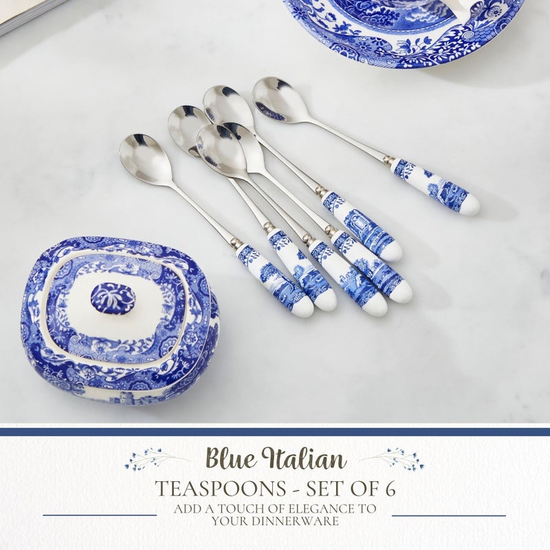 Spode Blue Italian Tea and Dessert Spoons - Set of 6 Porcelain Handle Stainless Steel Utensils - 6 Inch Flatware for Afternoon Tea, Cake, Entertaining Essentials for the Table - Image 2